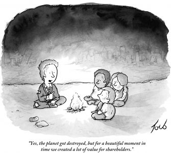 (A man and 3 children sit around a fire in a scorched wasteland)